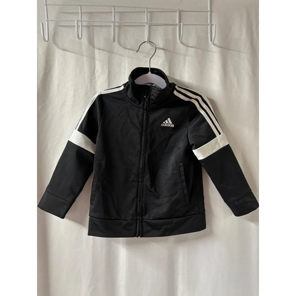Kids Black Adidas‎ Track Jacket Full Zip White Stripe Logo 24 Months